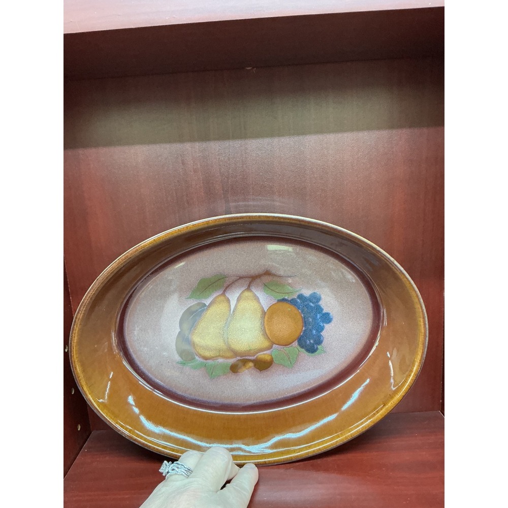 Denby Orchard Oval Serving Dish Fine Stoneware England Fruit Pattern Brown 11.5‎